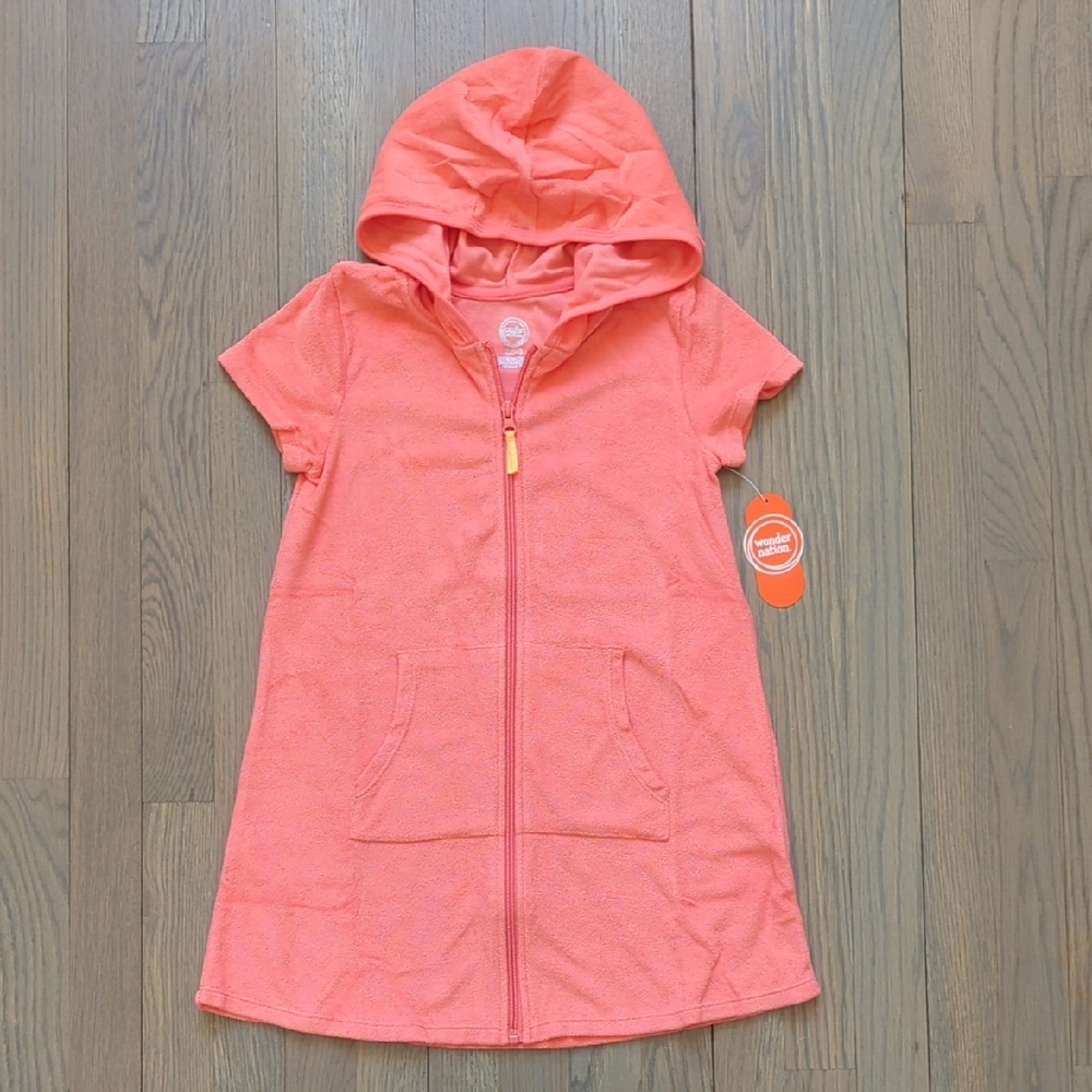 wonder nation Girls Coral Pink Hooded Terry Swim Coverup